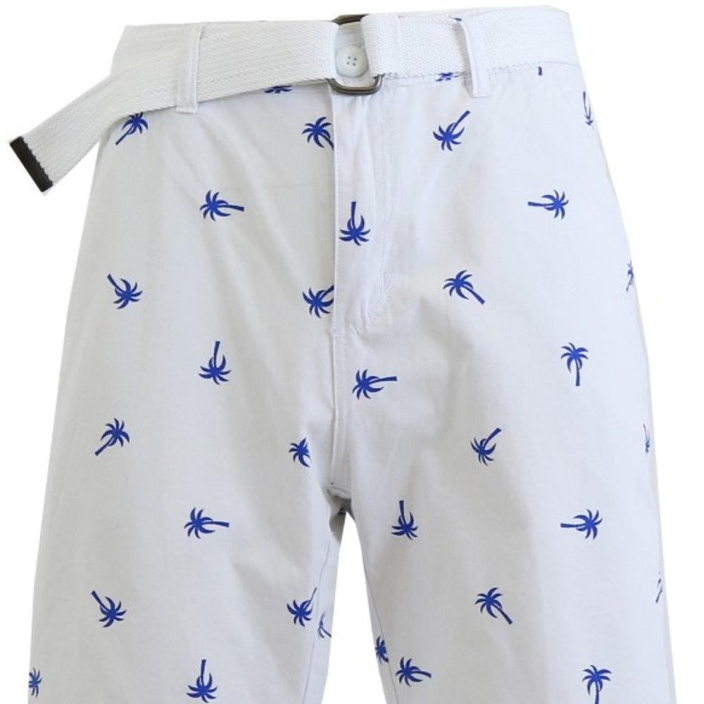 Men's Printed Cotton Shorts W/Belt White/Palm Tree